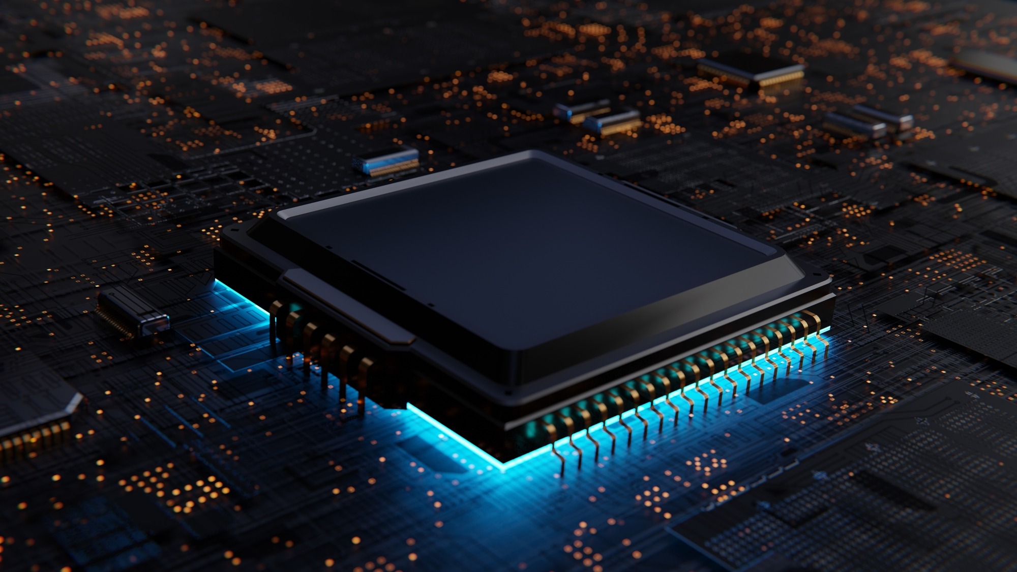 Blue computer electronic chip with blue glow